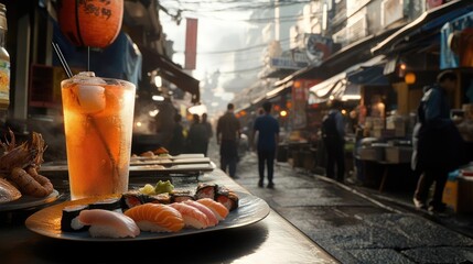 Iced Tea and Sushi Platter at a Busy Asian Food Market Street Area Photography Featuring Vibrant Dishes of Raw Fish and Rice with Tea in Glass Cup and Straws, Warm Lighting and Blurred Backgrounds