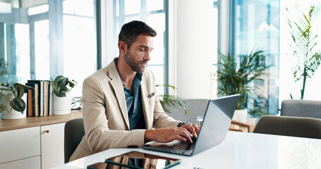 Office, businessman and typing with laptop for email, financial report and auditing for corporate...