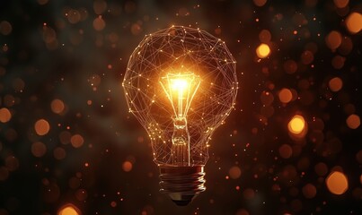 Glowing light bulb with abstract geometric design and warm bokeh background