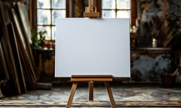 Blank canvas on wooden easel in artist studio with rustic background and natural light