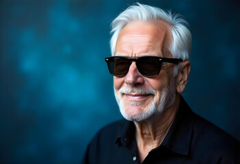 Obraz premium A white man with white hair and sunglasses, 35 years old, wearing a black shirt