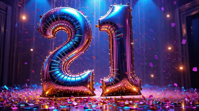 Spectacular twenty first birthday celebration with giant metallic balloons glowing under dazzling lights creating a vibrant and festive party atmosphere.