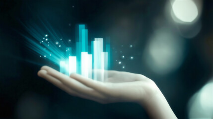 Hand holding glowing digital data charts against dark background. Virtual financial analytics visualization hovering above palm, representing business intelligence technology, futuristic data analysis