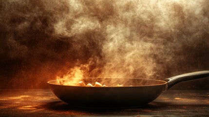 Smoke and Flames Rising from a Black Pan with Cooking Ingredients Inside