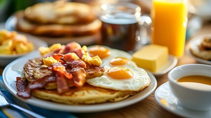 Breakfast with scrambled eggs bacon hash browns and pancakes butter coffee and juice