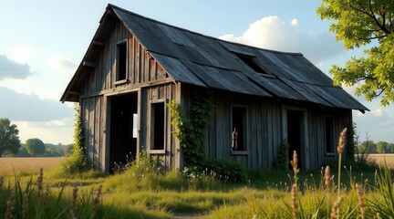Obraz premium A Rustic Wooden Outbuilding, Weathered and Worn by Time, Stands Solitary in a Field of Tall Grass Under a Partly Cloudy Sky