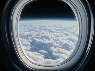 view from airplane window shows vast expanse of fluffy white clouds under clear blue sky, evoking sense of tranquility and wonder