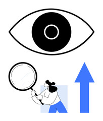 Eye emphasizes vision, person uses magnifying glass for analysis, arrow signifies progress. Ideal for observation, research, focus, growth, success analysis discovery. Flat simple metaphor