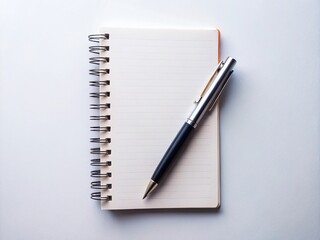 Minimalist Workspace: Blank Spiral Notebook, Black Pen, White Background – Stock Photo