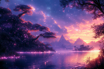 Enchanted Lake and Mountains Glowing at Sunset