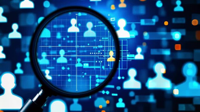 Digital magnifying glass focusing on abstract user icons and data connections in a tech environment