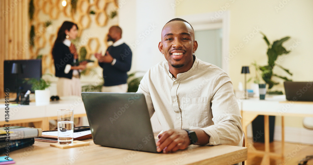 Poster happy man, portrait and office with laptop for administration, online scheduling or record keeping. 