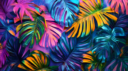Colorful Tropical Monstera Leaves Background Exotic Vibrant Flora Illustration