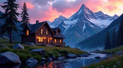 Obraz premium Serene Mountain Cabin Retreat at Twilight, Nestled Beside a Gently Flowing River