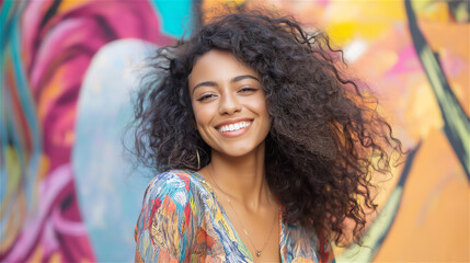 Young woman with voluminous curly hair laughing joyfully against colorful graffiti wall. Her bright smile and expressive features capture authentic happiness in an urban artistic setting.
