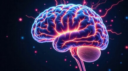 Illuminated Human Brain A Close-Up View of Neural Pathways and Energy Flow