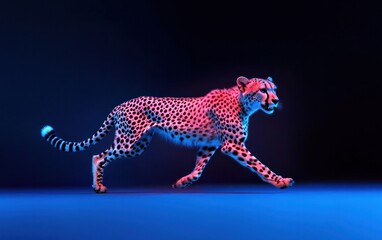 Fototapeta premium Cheetah Running in a Neon-Lit Studio with a Blue Surface and Dark Background