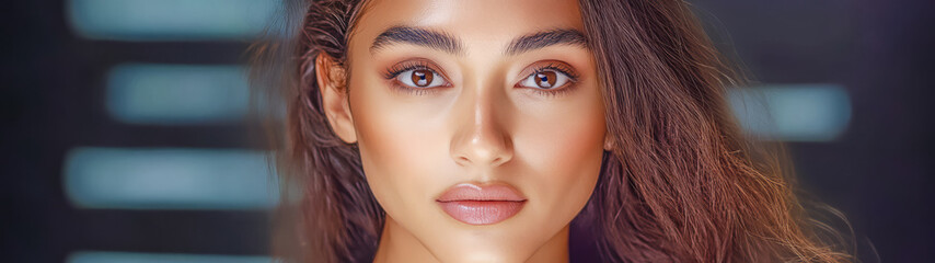 Fototapeta premium Captivating close-up of a young woman with expressive eyes and radiant skin