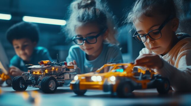 Diverse school children students build robotic cars using computers and coding. Happy multiethnic kids learning programming robot vehicles sitting at table at STEM education science engineering class - Powered by Adobe