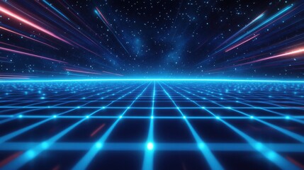 Retro 80s video game background with grid of blue light streaking in space