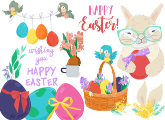 Happy Easter Set with Cute Bunny and Flowers. Vector Illustration