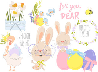 Happy Easter Set with Cute Bunny and Flowers. Vector Illustration