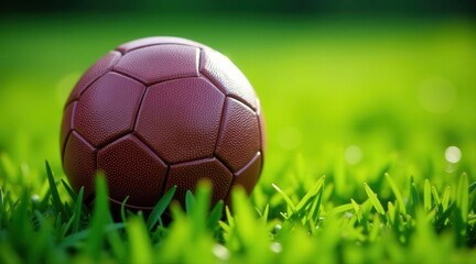Fototapeta premium A maroon leather-textured sphere rests gently on a vibrant green lawn, bathed in soft sunlight.