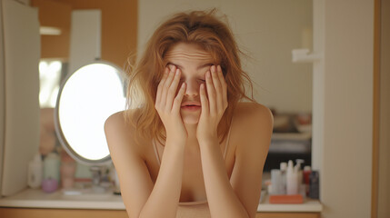 Young woman covering her face with hands, feeling stressed in bathroom