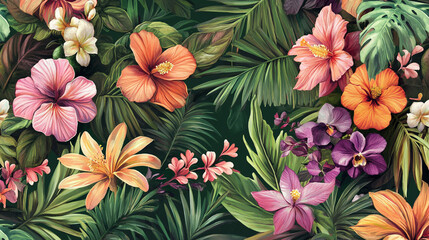 Seamless floral pattern featuring vibrant blossoms design, Vibrant flowering plants showcase seasonal flowers and lush green leaves, floral patters and leaves background for invitation card and decor.