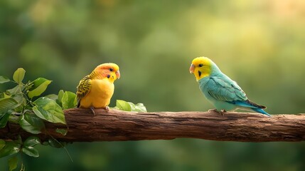 Close up portrait of a pair of colorful budgerigars or parakeets perched on a natural wooden branch chirping to each other in their natural habitat  Copy space available for text overlay