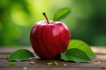 A vibrant red apple, glistening with dew drops, rests on a rustic wooden surface, surrounded by lush green leaves, creating a scene of natural freshness and healthy abundance.