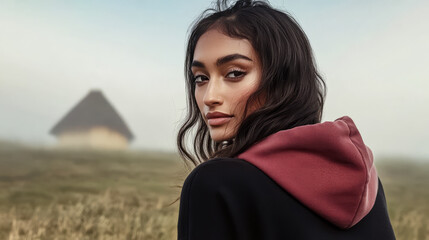 Fototapeta premium Woman in a hoodie gazes back while standing in a foggy field near a rustic house