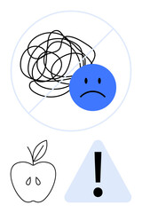 Sad face in blue with tangled line crossed out, healthy apple, and alert symbol. Ideal for mental health, warning, emotion, decision-making, wellness clarity behavioral change. Flat simple metaphor