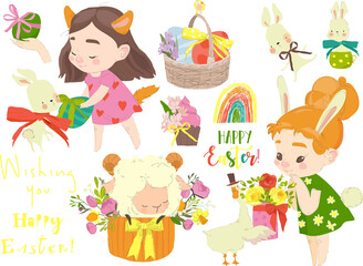 Happy Easter Set with Cute Girls and Easter Elements. Vector Collectionv