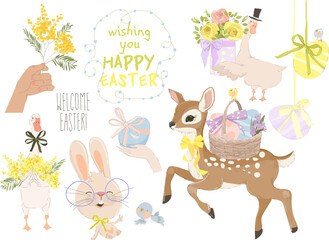Happy Easter Set with Cute Easter Elements. Vector Collection