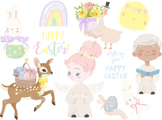 Happy Easter Set with Cute Angels and Easter Elements. Vector Collection