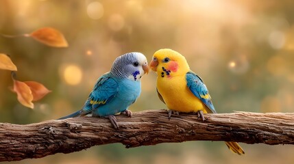 Obraz premium Pair of Colorful Budgerigars Perched on Wooden Branch Cheerfully Chirping to Each Other in a Vibrant Nature Inspired Photography Style with Copy Space