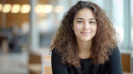 Woman with natural curly hair smiling against bright office background. Her friendly expression and professional setting create a warm, approachable business portrait with natural window lighting.