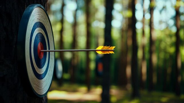 Focused archery practice in a serene forest setting at midday with arrows hitting the target

