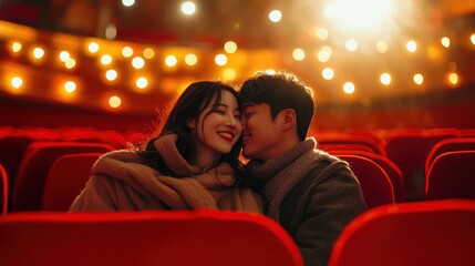 Young romantic loving couple with popcorn watching movie in cinema, relationships and lifestyle concept,bokeh pink heart in cinema,romantic spending time together,valentine day concept.