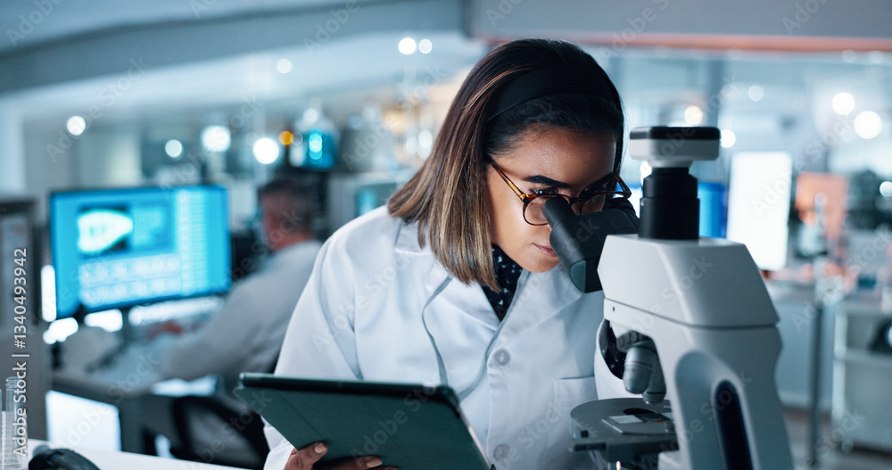 Poster research, woman and scientist with microscope in laboratory for medical study with dna analysis. exp