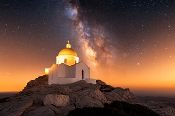 Obraz premium A nighttime scene of an ancient church under a starry sky, with its silhouette framed by the Milky Way