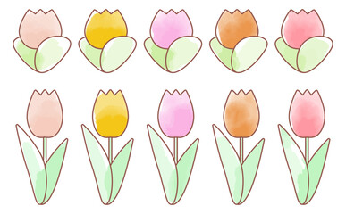 チューリップのかわいい水彩イラストセット