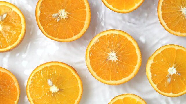 Close up video of mandarin slices surrounded by water ripples. White background with half oranges placed on water waves.