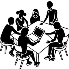 Silhouette of a team gathered around a large table, actively brainstorming and discussing ideas
