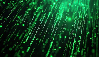 Digital code rain effect, dark background, glowing green