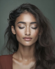 Naklejka premium Natural beauty portrait showcasing soft features and effortless elegance in muted tones