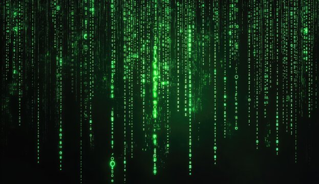 Digital code falling, dark background,  matrix effect,  graphic design