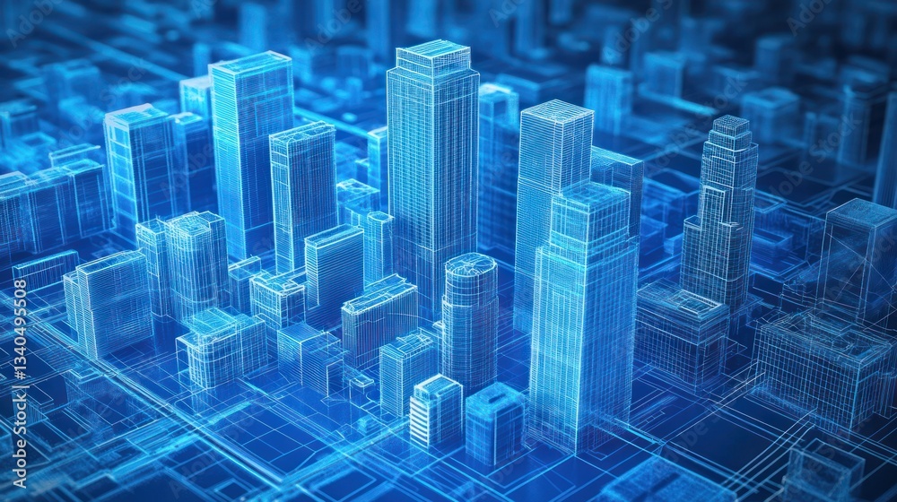 Fototapete Abstract city model, futuristic, wireframe, digital design, 3D rendering, architecture visualization, for use in architectural presentation, design projects