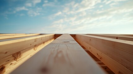 Fototapeta premium Wooden beams stretch towards the sky on a sunny day at a construction site near the coastline
